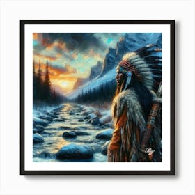 Oil Texture Native American Warrior By Stream 2 Art Print