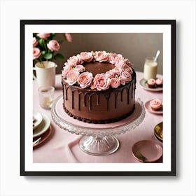 A Delicious Chocolate Cake Adorned With Buttercream Icing And Decorated With Intricate Pink Icing Fl 3665640374(1) Art Print