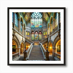 A grand, gothic-style cathedral with a large staircase and stained glass windows. Art Print