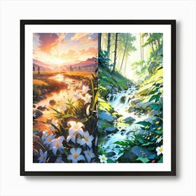 Two Paintings Of A Stream Art Print