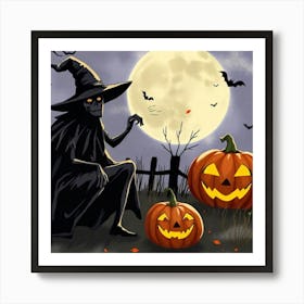 Midnight Mischief: The Witch, The Moon, and Glowing Jack-O'-Lanterns Art Print