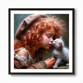 Little Girl Kissing A Kitten Art Print