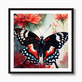 Butterfly On Red Flowers Art Print