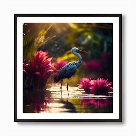 Wading Bird with Pink Flowers of the Tropical Lagoon Art Print