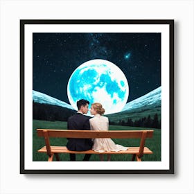 Couple Sitting On A Bench Under The Moon 3 Art Print