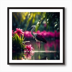 Burgundy and Grey Wading Bird amongst Pink Lagoon Flowers Art Print