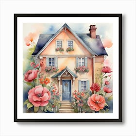 Watercolor House With Flowers Art Print 2 Art Print