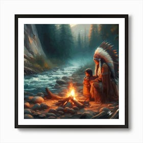 Oil Texture Native American Mother And Daughter By Stream 3 Copy Art Print