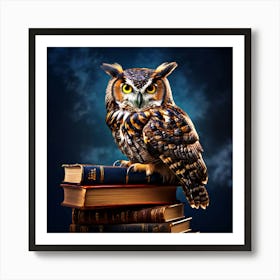 Owl On Books, An Owl Perched On A Stack Of Books Symbolizing Wisdom And Learning 9 Art Print