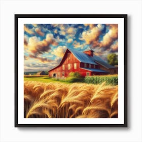 Red Barn In Wheat Field Art Print