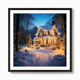 Firefly Magical, Christmas, Winter, Snow, Sparkling, House, Forest Edge, Christmas Lights, Glowing, (9) Art Print