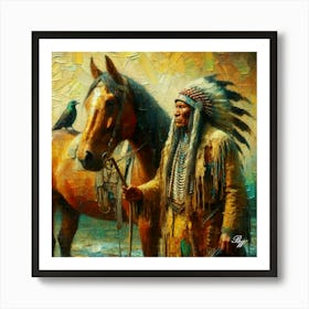 Elderly Native American Warrior With Horse 3 Art Print