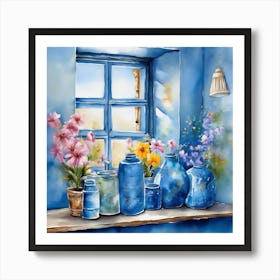 Blue wall. Open window. From inside an old-style room. Silver in the middle. There are several small pottery jars next to the window. There are flowers in the jars Spring oil colors. Wall painting.50 Art Print