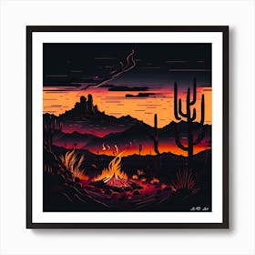 Desert Campfire - Red Touched Minimal Illustration Art Print