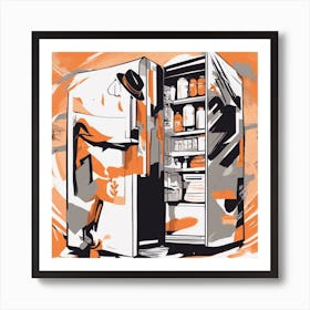 A Silhouette Of A Fridge Wearing A Black Hat And Laying On Her Back On A Orange Screen, In The Style (1) Art Print