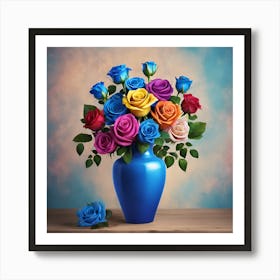 Colorful Roses In A Blue Vase Art Print