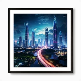 Bangkok Cityscape Set In A Futuristic Era Skyscrapers Ablaze With Neon Lights Merging Seamlessly W 2 1 Art Print