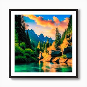 Nature landscape of picturesque lake and majestic mountains Art Print