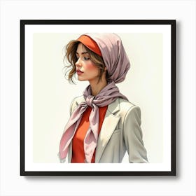 Elegant French Woman With A Classic Scarf, Watercolor With Sophisticated Hues 1 Art Print