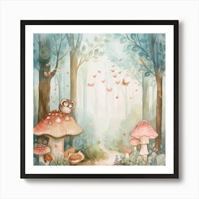 Watercolor Owls In The Forest Art Print