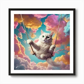 A white cat swinging in clouds Art Print