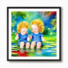 Two Children In A Pond Art Print