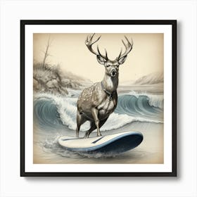 Deer On Surfboard Art Print