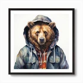 Watercolour Cartoon Grizzly Bear In A Hoodie 1 Art Print