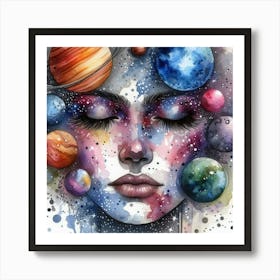 Watercolor Of A Woman With Planets Art Print