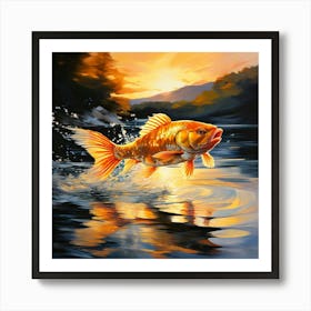 Golden Fish Sprinting Across The Surface Of A Tranquil Azure Lake Scales Shimmering Casting Undula 114107339 Art Print