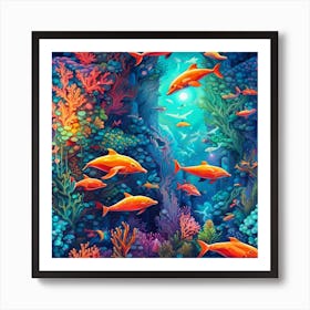 Coral Reef With Dolphins Art Print
