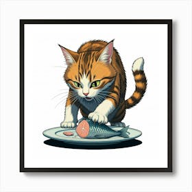 Cat Eating Fish Art Print