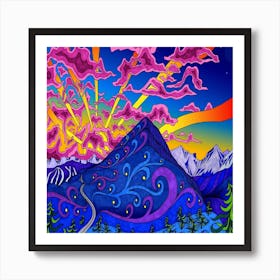 Blue And Purple Mountain Painting Psychedelic Colorful Lines Art Print