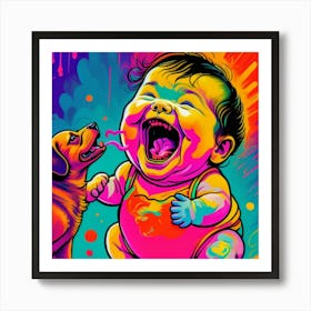 Baby Laughing With Dog Art Print