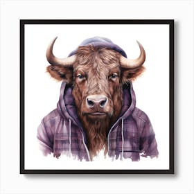 Watercolour Cartoon Buffalo In A Hoodie 2 Art Print