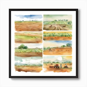 Watercolor Farm Landscapes Art Print