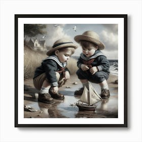 Two Boys Playing With A Boat Art Print