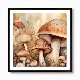 Watercolor Mushrooms In The Forest Art Print