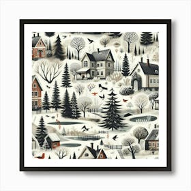 Winter Village And Giant Coniferous Trees Art Print