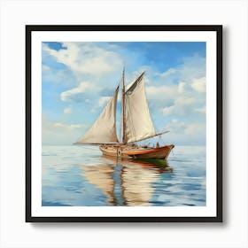 Sailing Boat On Serene Waters With Blue Sky And White Clouds Art Print