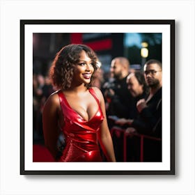 A Black Woman Voluptuous Sexy Wearing Red Latex Dress Long Looking Over Shoulder on the Red Carpet - Created by Midjourney 1 Art Print