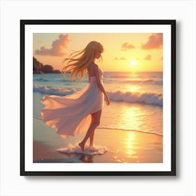 Anime Girl Walking On The Beach Art Print