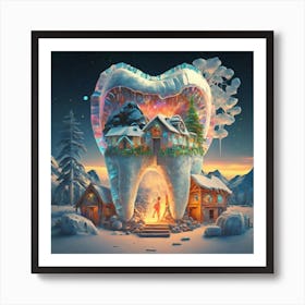 , a house in the shape of giant teeth made of crystal with neon lights and various flowers 12 Art Print
