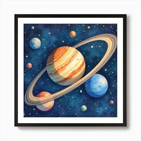 Celestial Watercolor Artwork With Orbiting Planets 1 Art Print