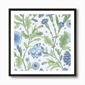 Blue And White Flowers Block Print Style Art Print