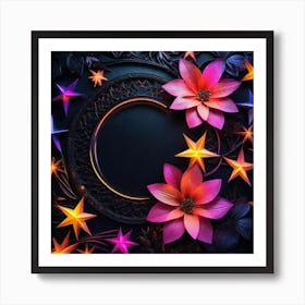 Paper Flowers And Stars, black, bright , pink, yellow Art Print