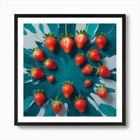 A Heart Shape Is Created By Arranging Strawberries On A Turquoise And White Splatter Painted Background Art Print