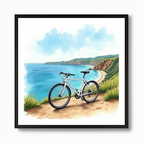 Elegant Bike On A Cliffside With Ocean Views Watercolor Painting 1 Art Print