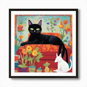 Black Cat And White Dog 7 Art Print