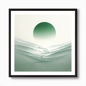 Title: "Serenity Swirl: Abstract Elegance"  Description: "Serenity Swirl" is an abstract artwork that exudes calm and balance through its soft curves and soothing color palette. A harmonious blend of jade green and gentle cream creates a peaceful visual field, while the central swirling line draws the eye across undulating forms that suggest hills or waves. The suspended sphere adds a focal point, reminiscent of a serene sun or tranquil moon, grounding the composition with its presence. This piece is a celebration of minimalist design, offering a tranquil and sophisticated aesthetic that invites viewers to unwind and reflect. It is perfectly suited for contemporary spaces that value elegance, simplicity, and a touch of Zen-like tranquility. Art Print
